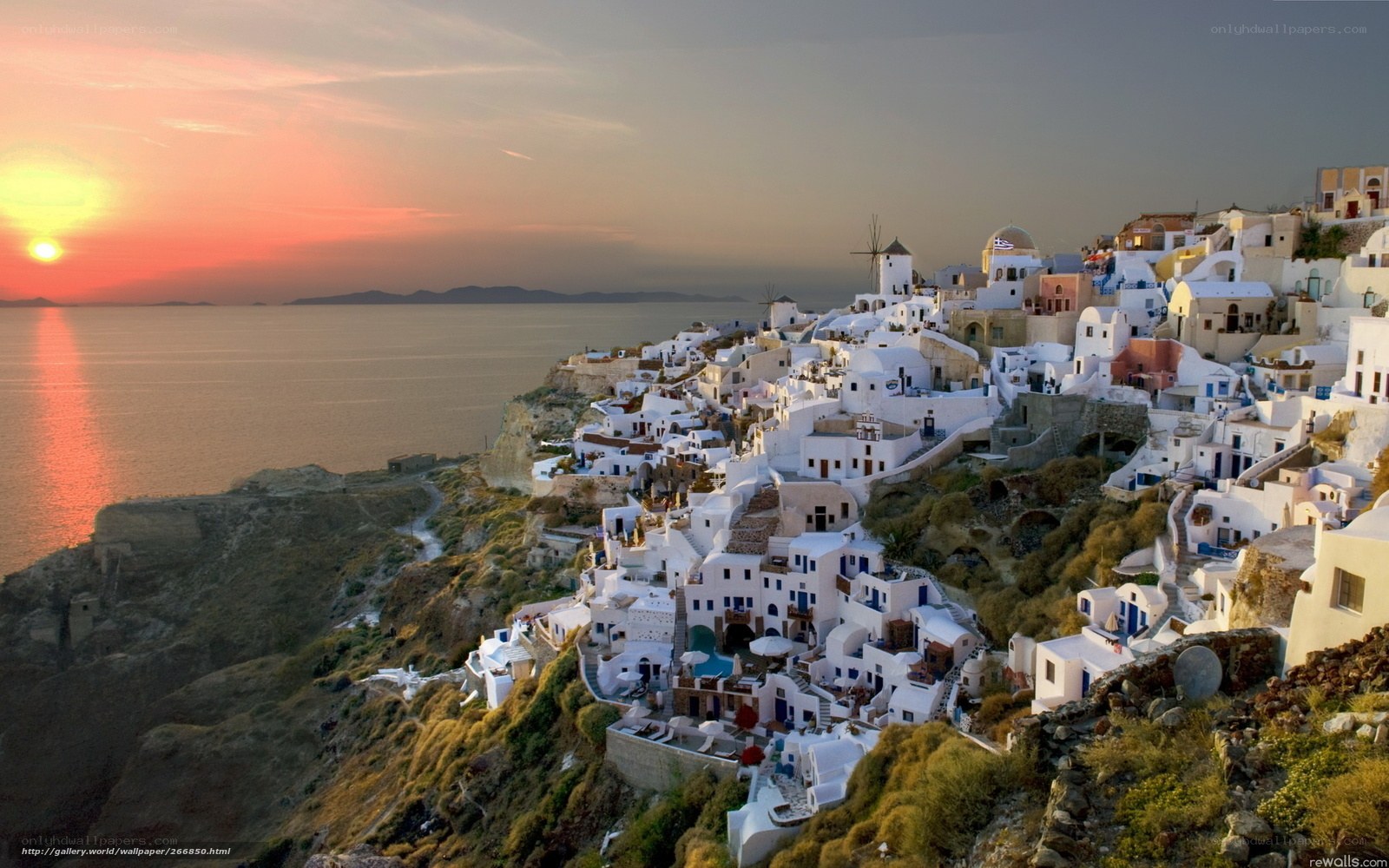Sunset over Santorini village