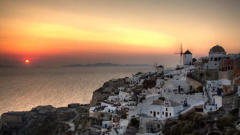 Sunset over Santorini village