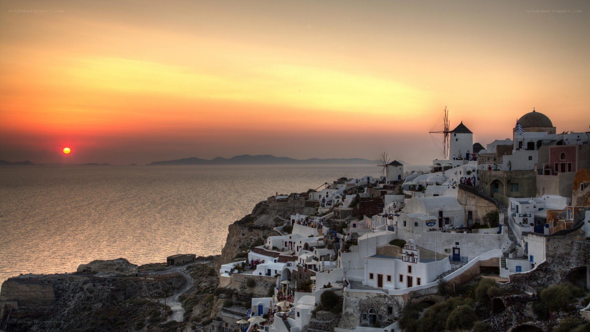 Sunset over Santorini village