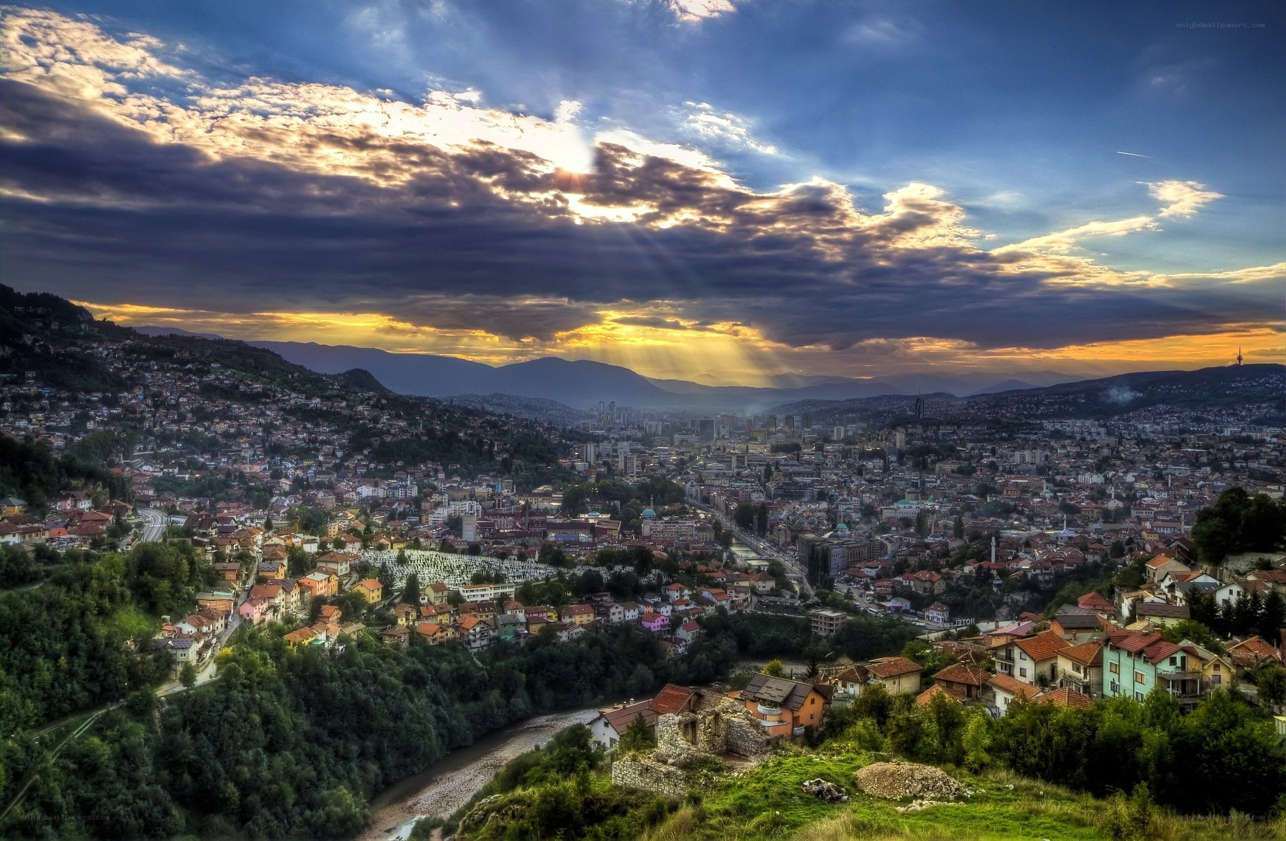 Sunset over Sarajevo cityscape