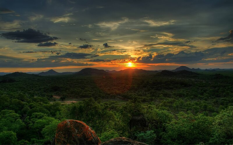 Sunset over Savanna — Green, Dramatic, Photograph, Mountains
