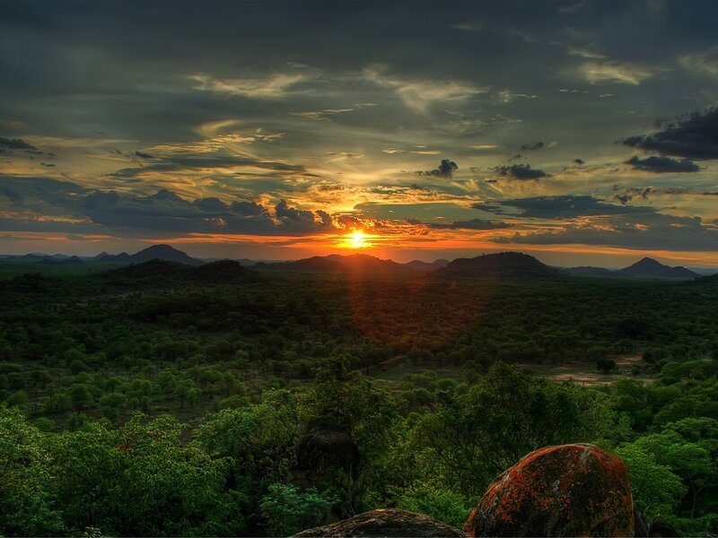 Sunset over Savanna — Green, Dramatic, Photograph, Mountains, Trees, Clouds, Orange, Gray