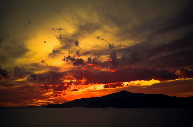 Sunset over Sea and Mountains — Orange, Dramatic, Photograph, Clouds