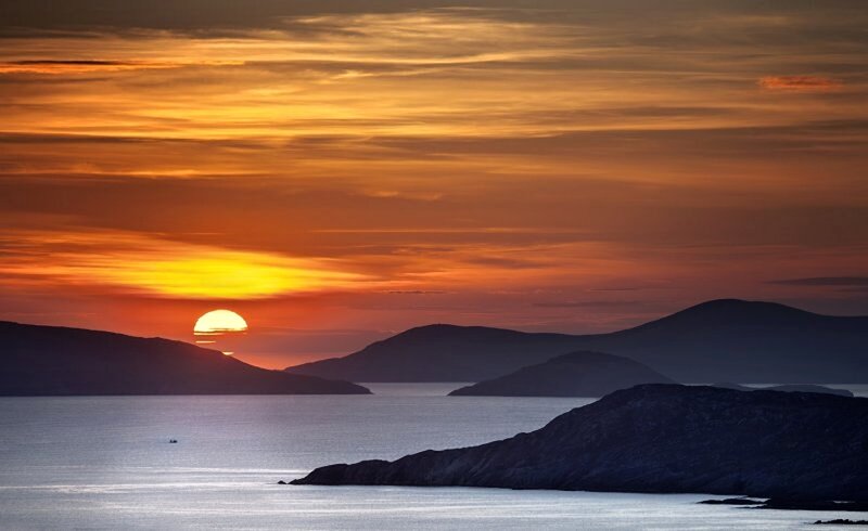 Sunset over Sea and Mountains — Orange, Serene, Photograph