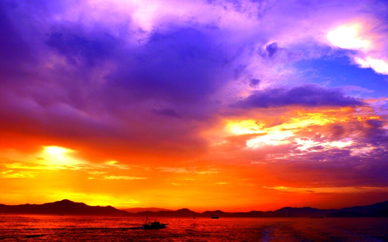 Sunset over Sea — Orange, Dramatic, Photograph, Boat