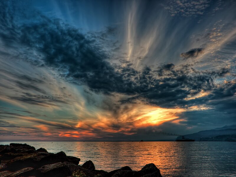 Sunset over Sea — Orange, Dramatic, Photograph, Clouds, Ship