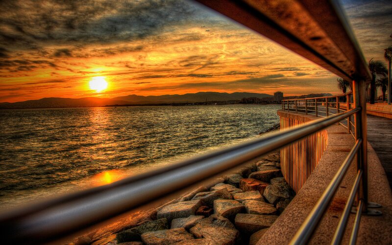 Sunset over Sea — Orange, Dramatic, Photograph, Mountains