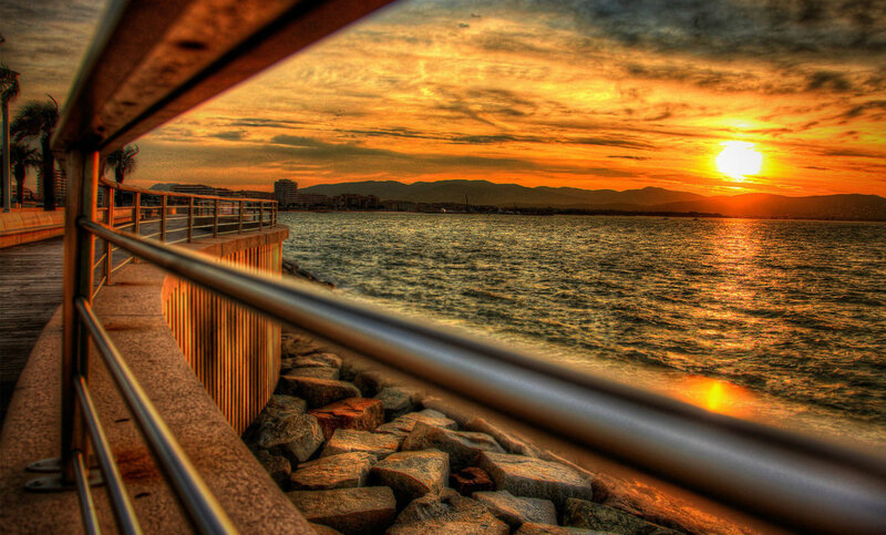 Sunset over Sea — Orange, Dramatic, Photograph, Railing