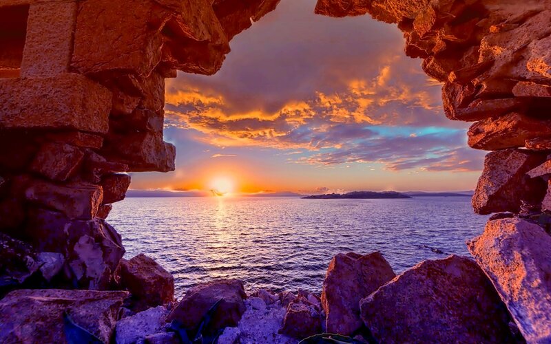 Sunset over Sea — Orange, Dramatic, Photograph, Rocks
