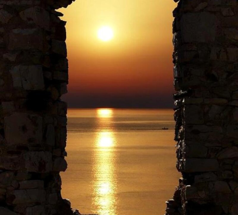 Sunset over Sea — Orange, Serene, Photograph, Stone Wall