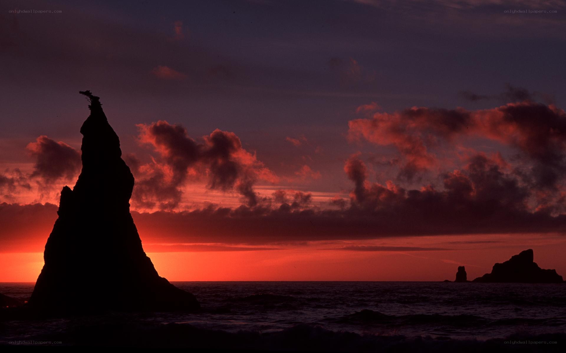 Sunset over sea stacks