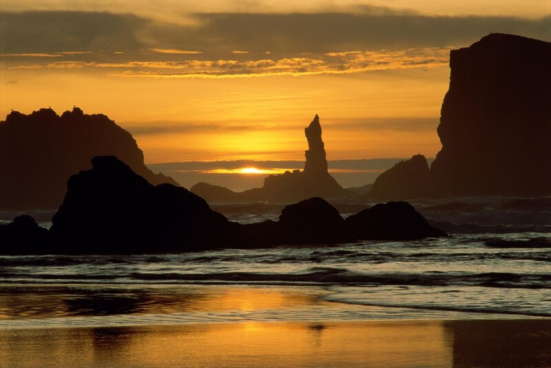 Sunset over sea stacks