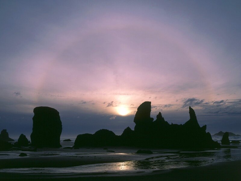 Sunset over sea stacks