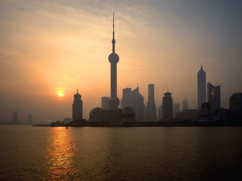 Sunset over Shanghai skyline