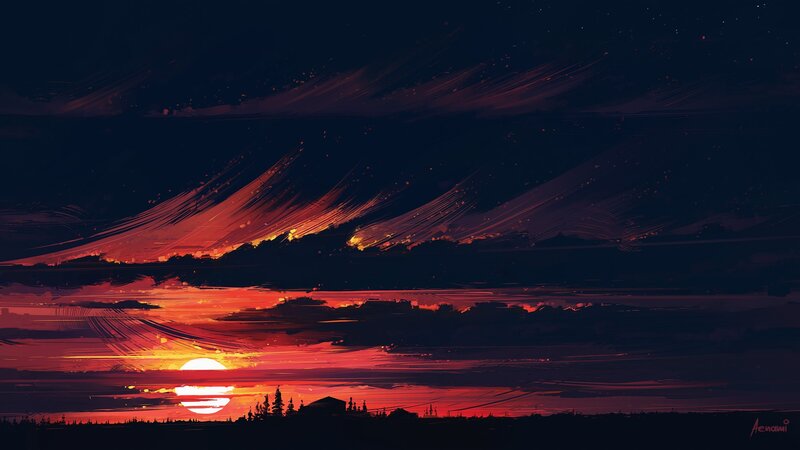 Sunset over Silhouetted Landscape — Red