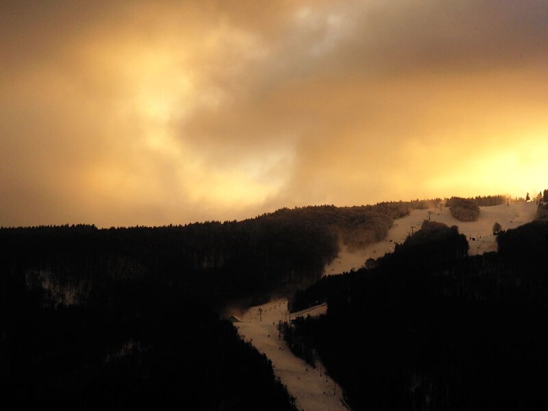 Sunset over ski slopes