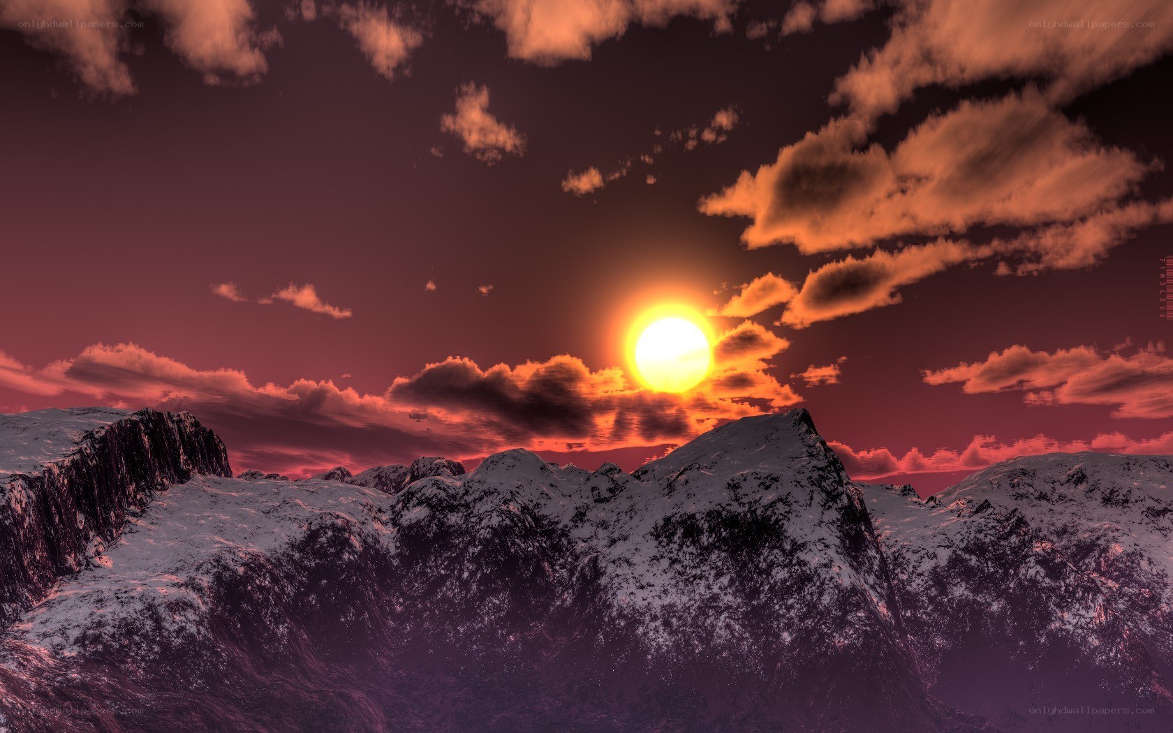 Sunset over snow-capped mountains