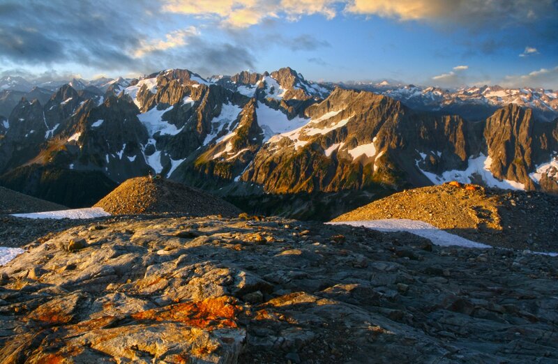 Sunset over snow-capped mountains