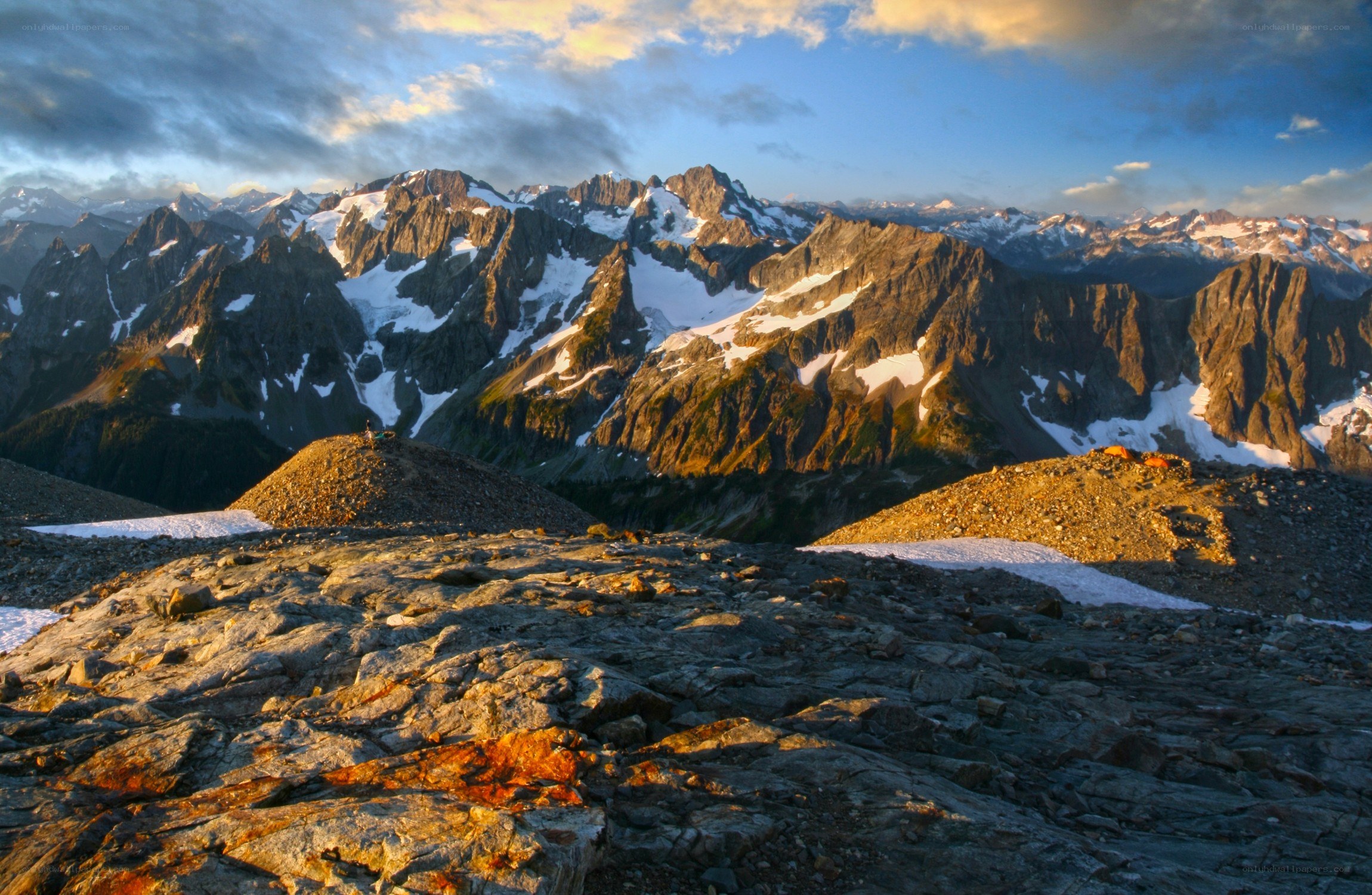 Sunset over snow-capped mountains