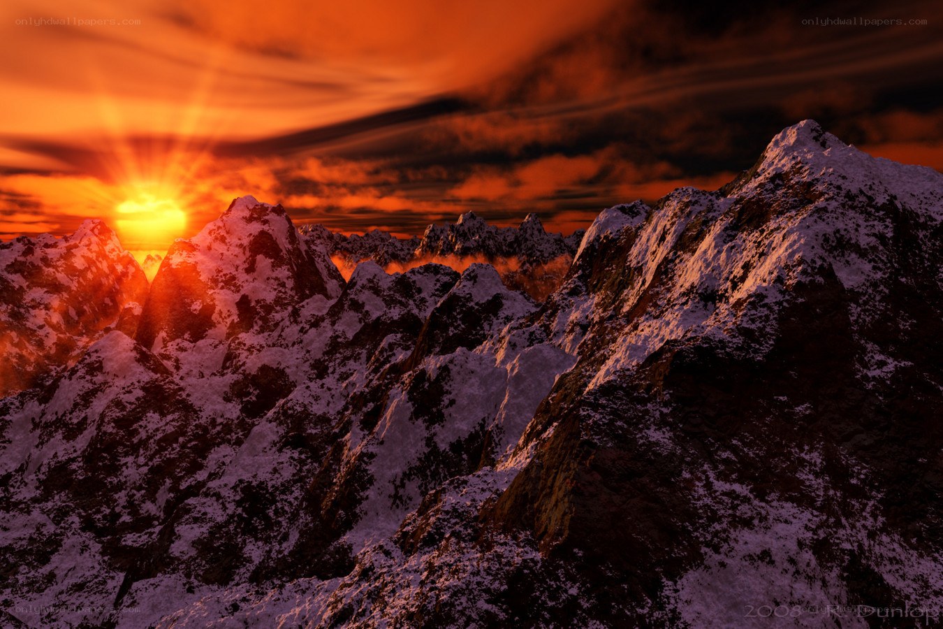 Sunset over snow-capped mountains
