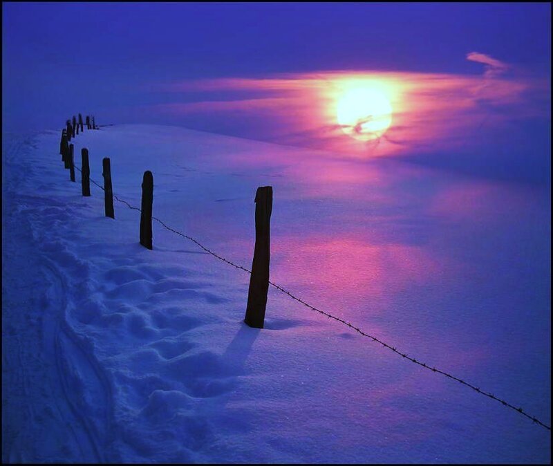 Sunset over snowy fence
