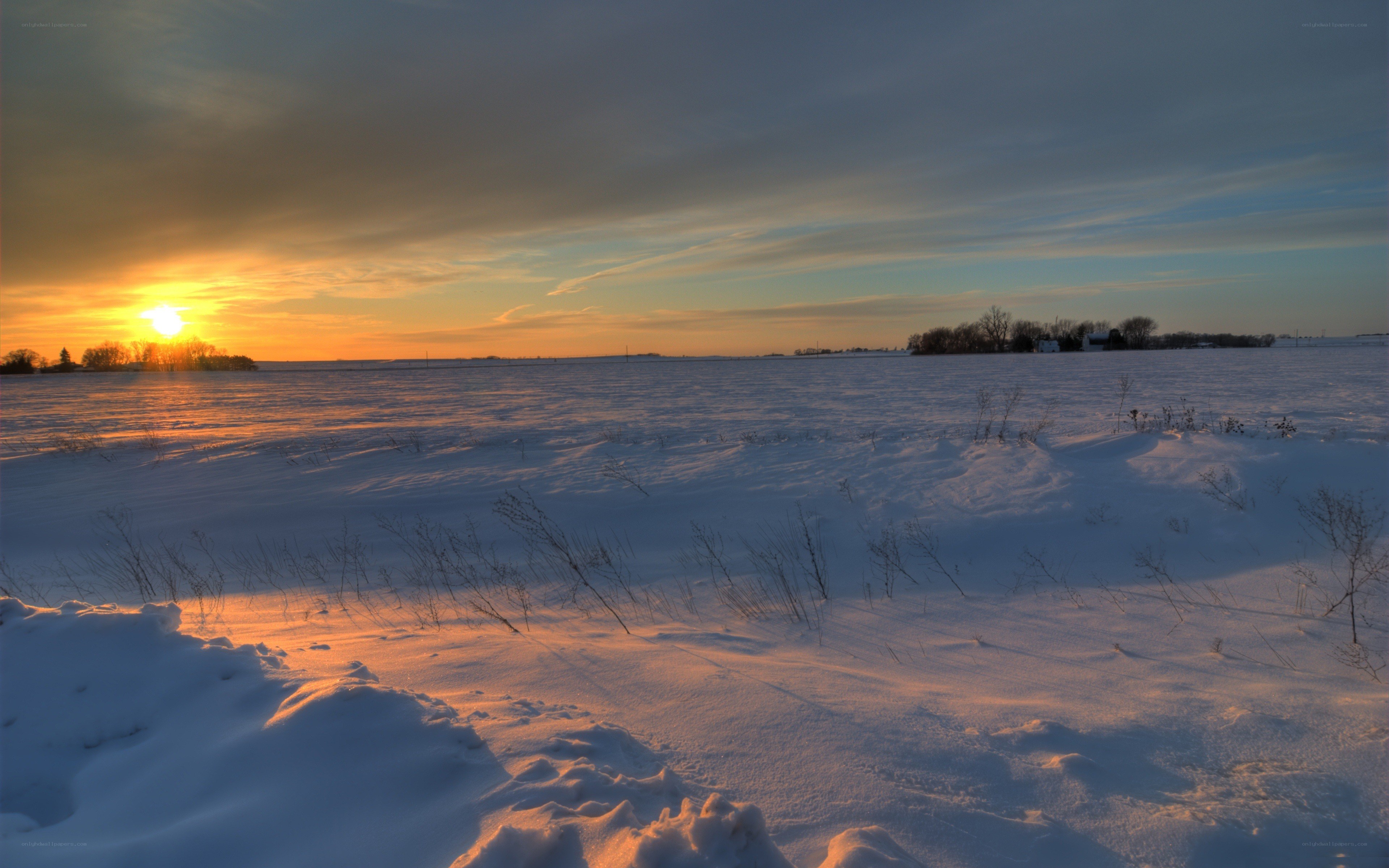 Sunset over snowy field