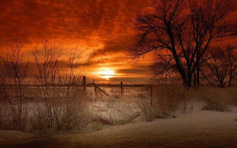 Sunset over Snowy Field — Orange, Dramatic