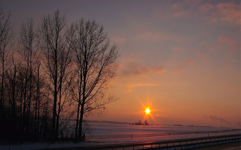 Sunset over Snowy Field — Orange, Serene, Photograph