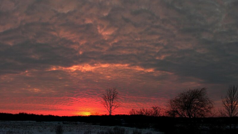 Sunset over Snowy Field — Red, Dramatic, Photograph