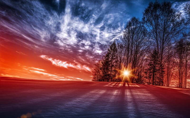 Sunset over Snowy Field — Red, Dramatic