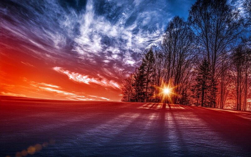 Sunset over Snowy Field — Red, Dramatic, Winter