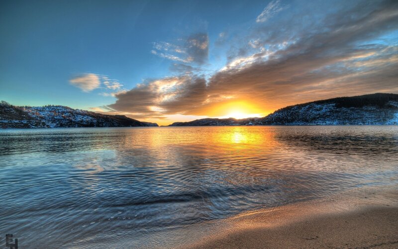 Sunset over Snowy Hills — Blue, Dramatic, Photograph