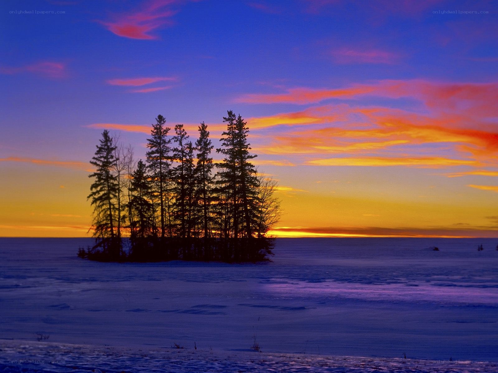 sunset over snowy island