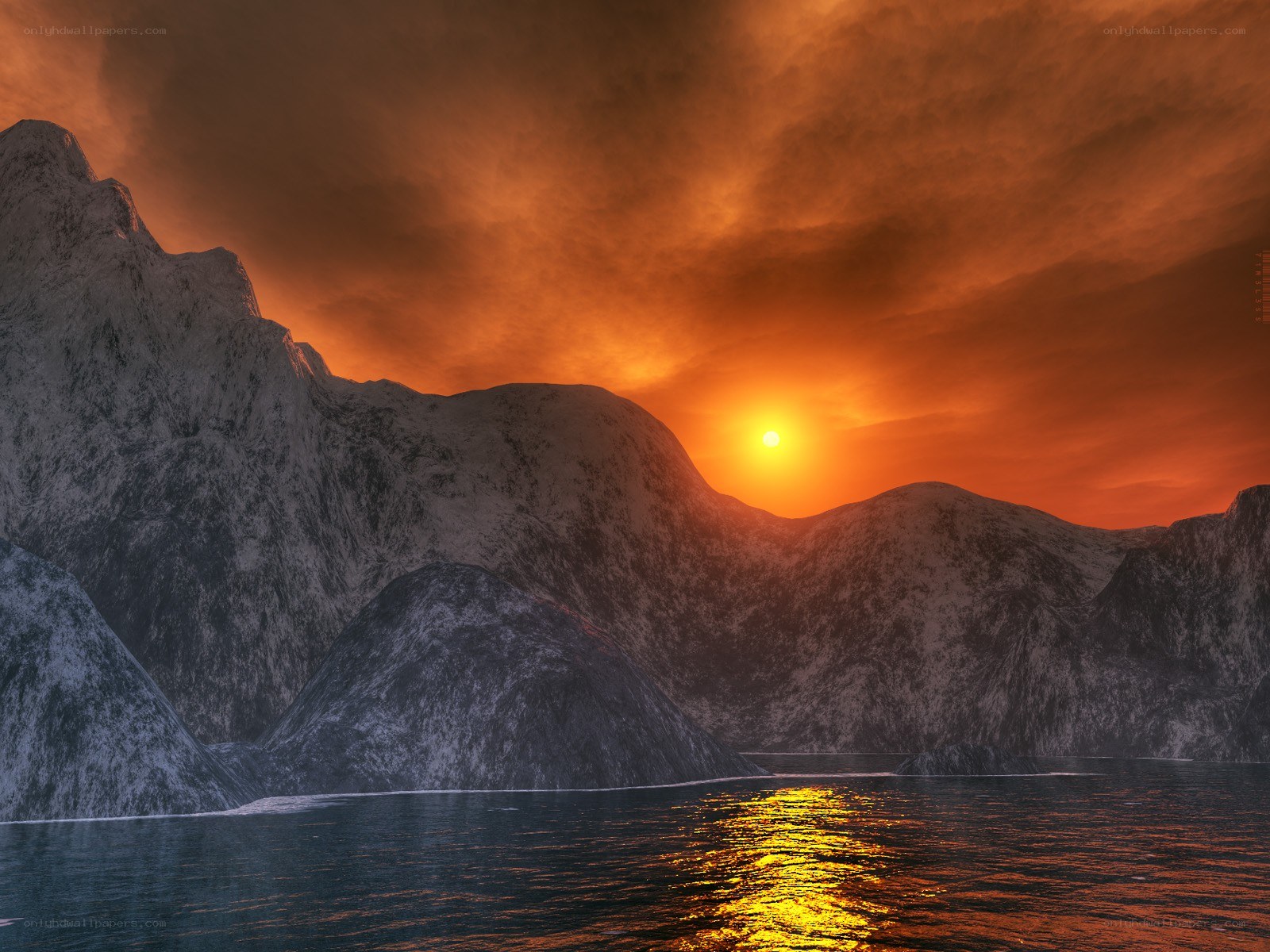 Sunset over snowy mountains