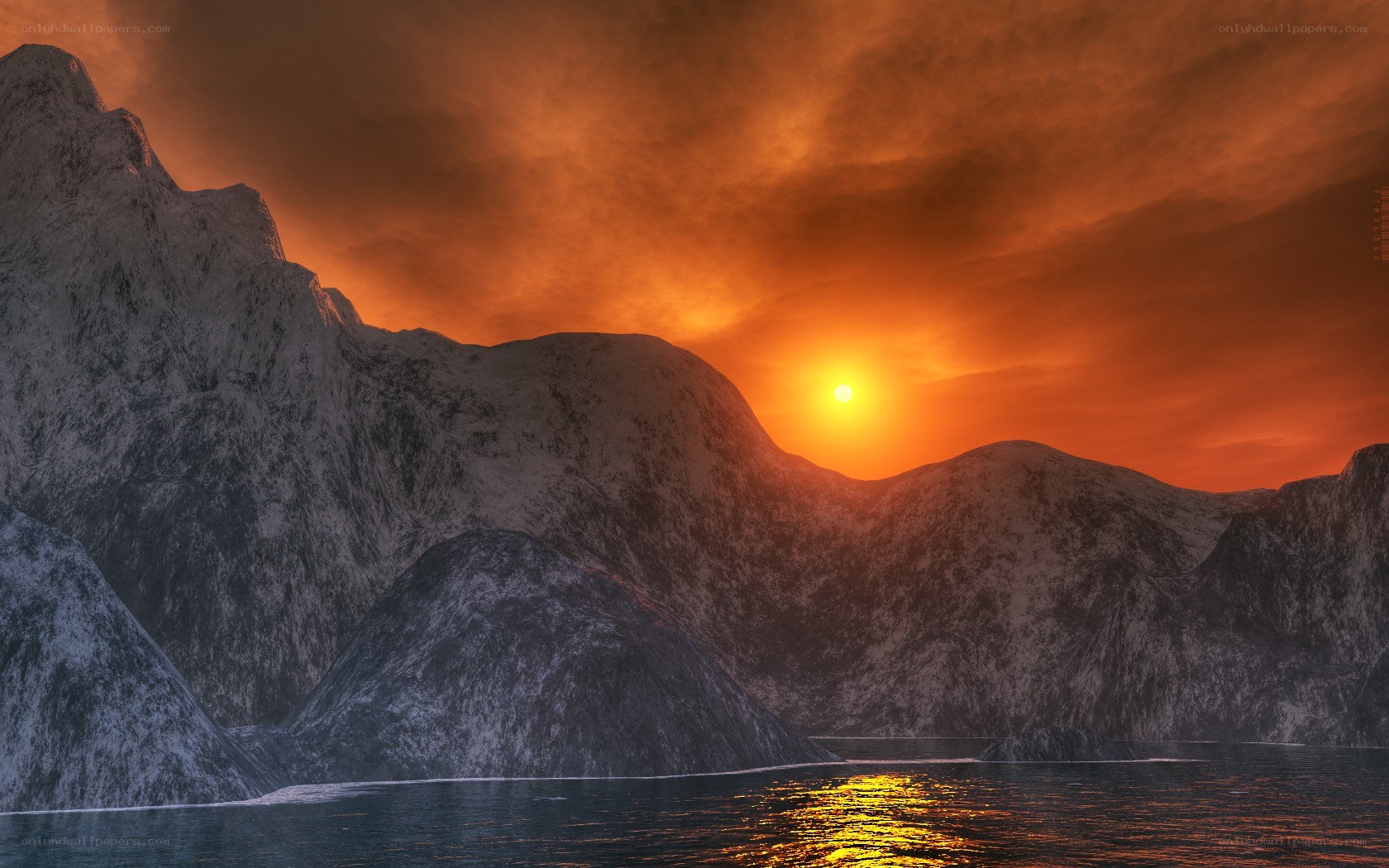 sunset over snowy mountains