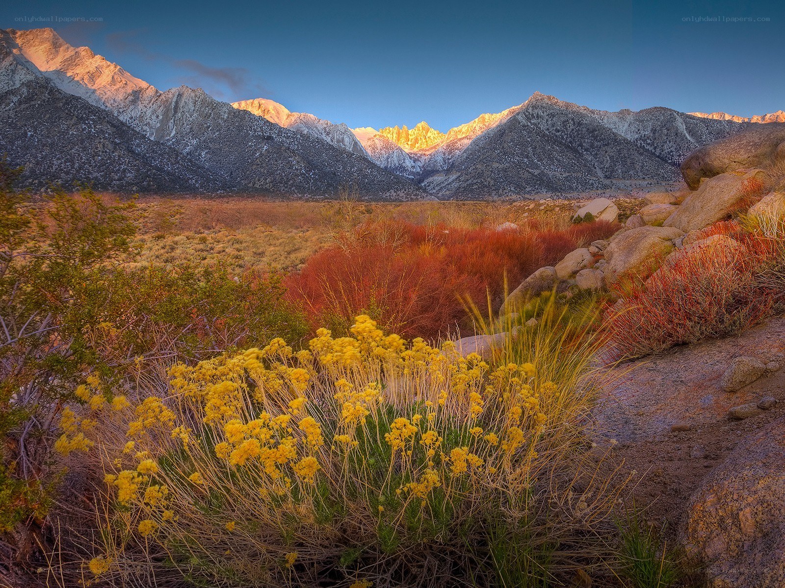 Sunset over snowy mountains