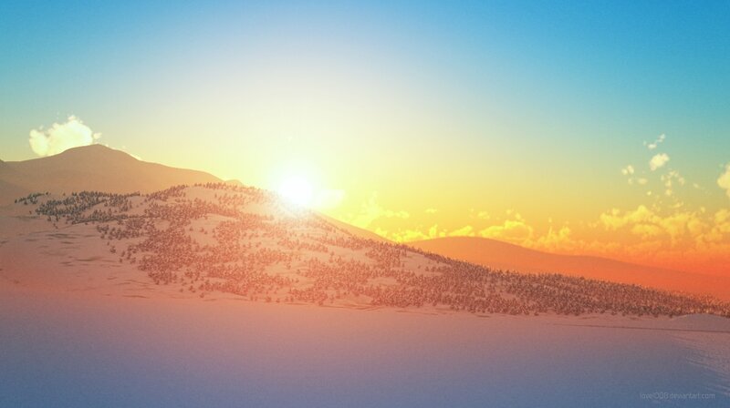 Sunset over snowy mountains
