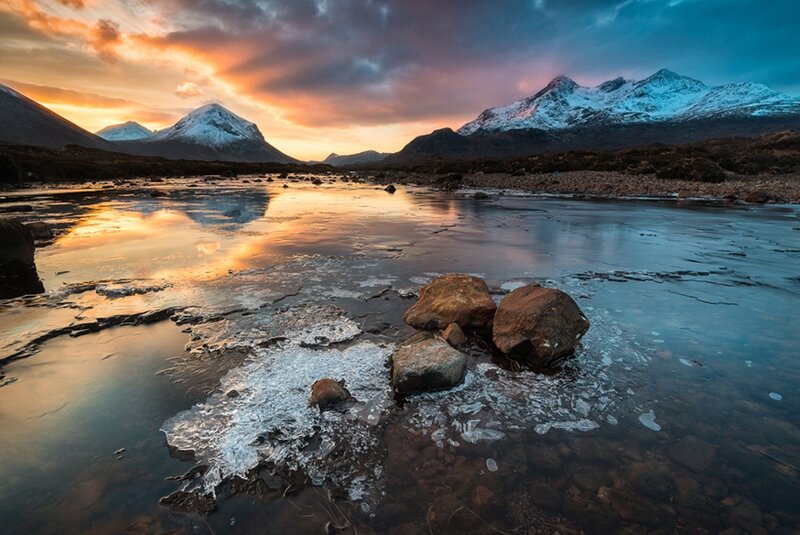 Sunset over snowy mountains