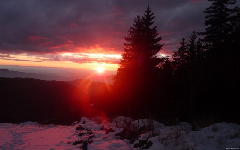 Sunset over Snowy Mountains — Red, Dramatic, Photograph