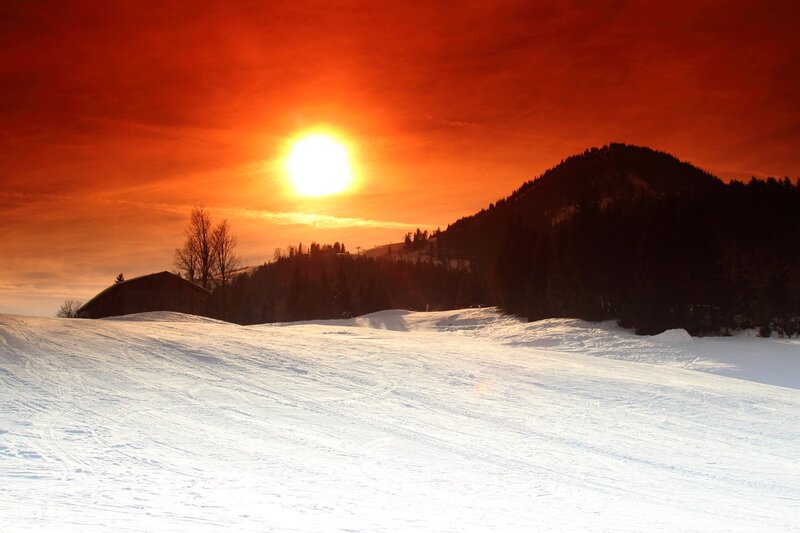 Sunset over Snowy Mountains — Red, Dramatic