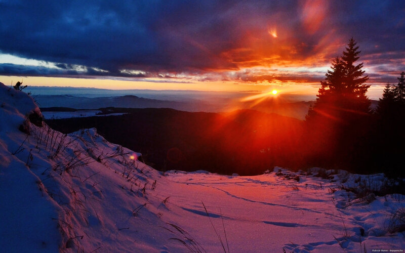 Sunset over Snowy Mountains — Red