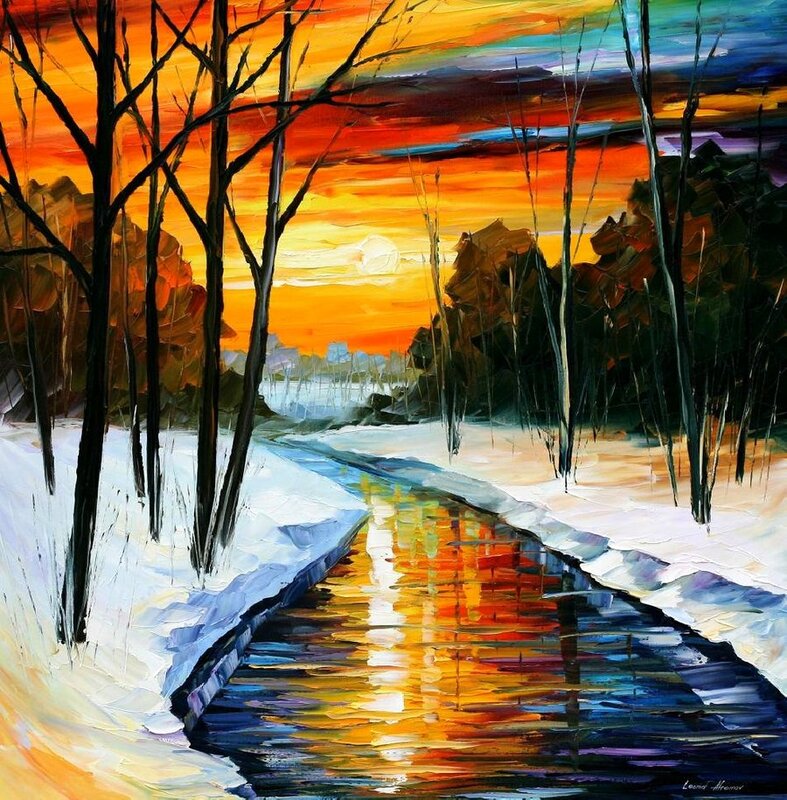 Sunset over snowy river