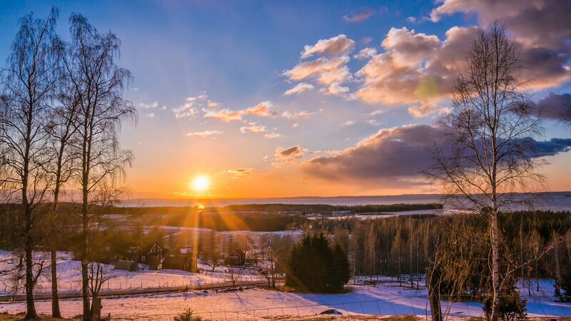 Sunset over Snowy Village — Blue