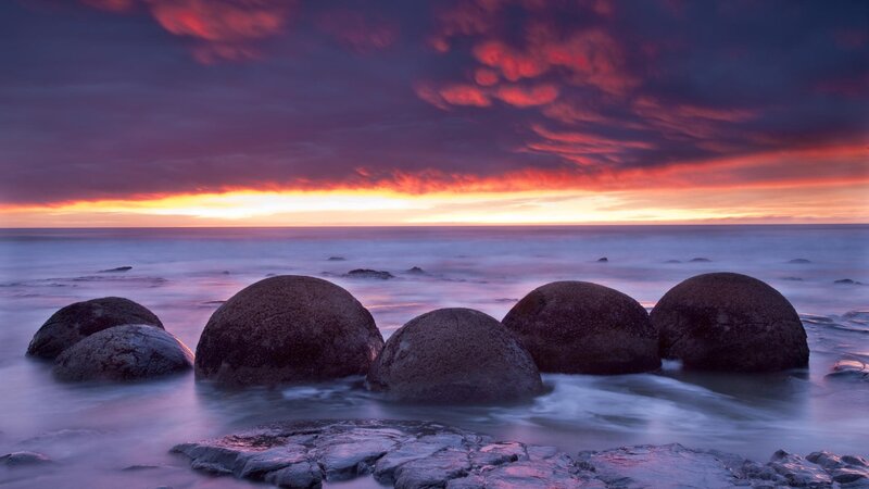 Sunset over spherical rocks