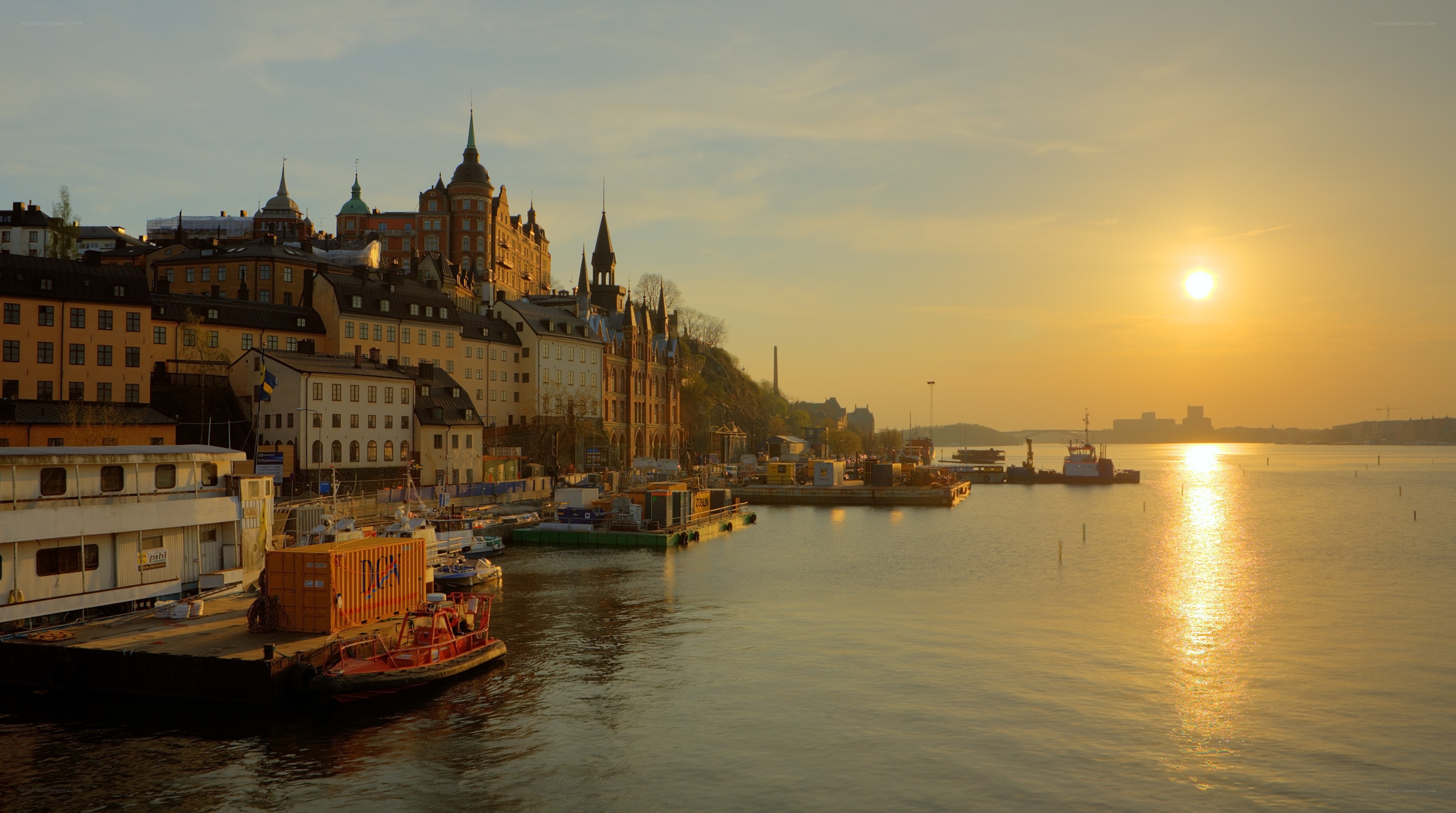 Sunset over Stockholm harbor