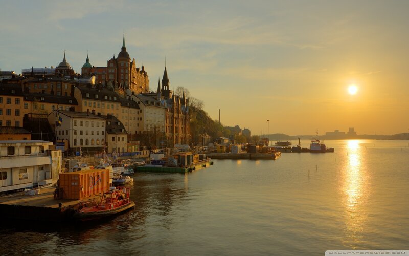 Sunset over Stockholm Harbor — Gold