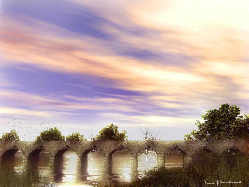 Sunset over stone bridge