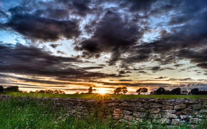 Sunset over Stone Wall — Green, Dramatic