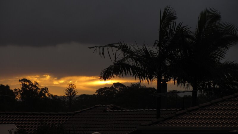 sunset over suburban rooftops