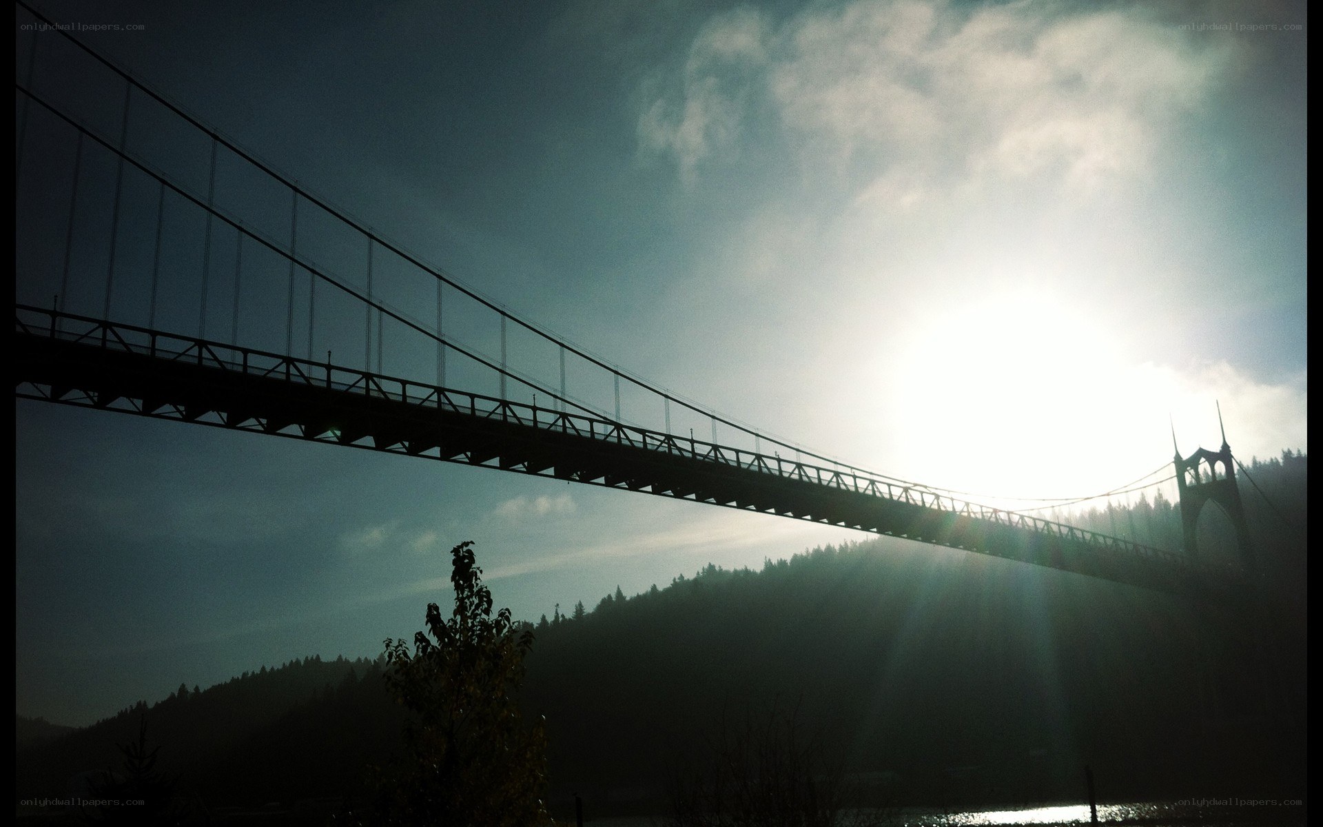 sunset over suspension bridge